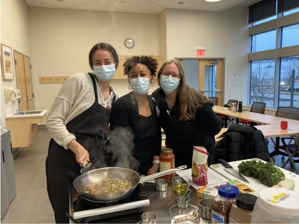 UW-Madison MS Clinical Nutrition students, who are training to become registered dietitian nutritionists (RDN), are seen here testing recipes at the UW Health Learning Kitchen.